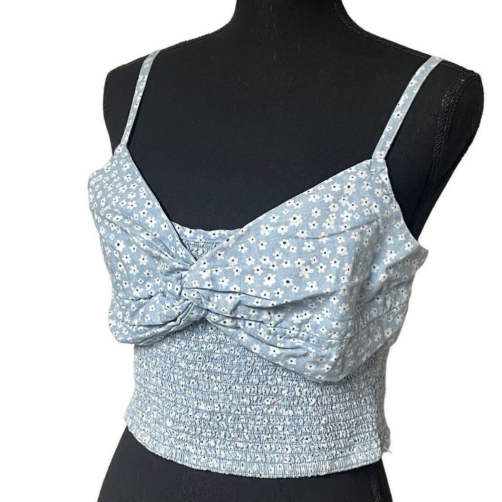 AE Blue DItsy Floral Smocked Twist Front Crop Top